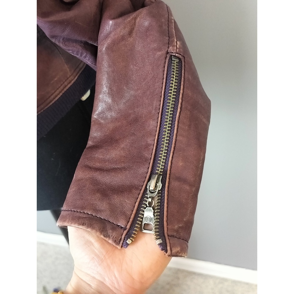 Danier Italian Leather Hooded Bomber Jacket‎ Womens 2XS Purple Ribbed Wool Trim - Picture 9 of 15